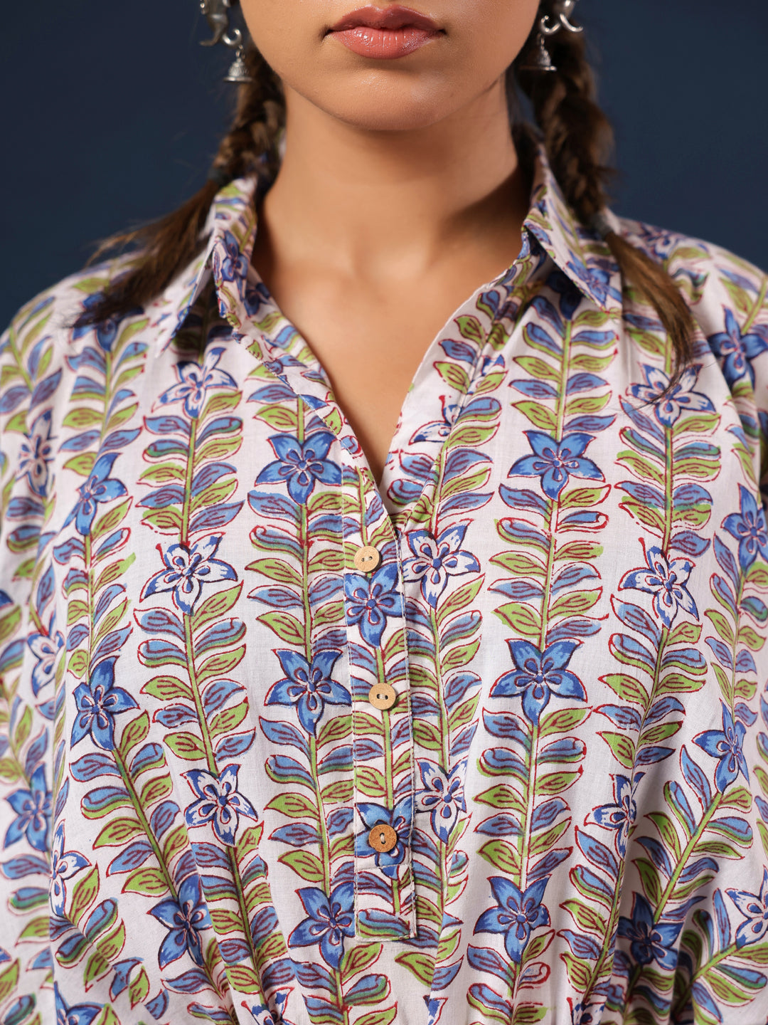 Floral Handblock Printed Shirt Style Kaftan Top