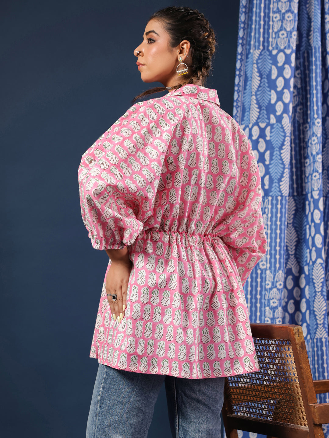 Pink Pineapple Handblock Printed Shirt Style Kaftan Top