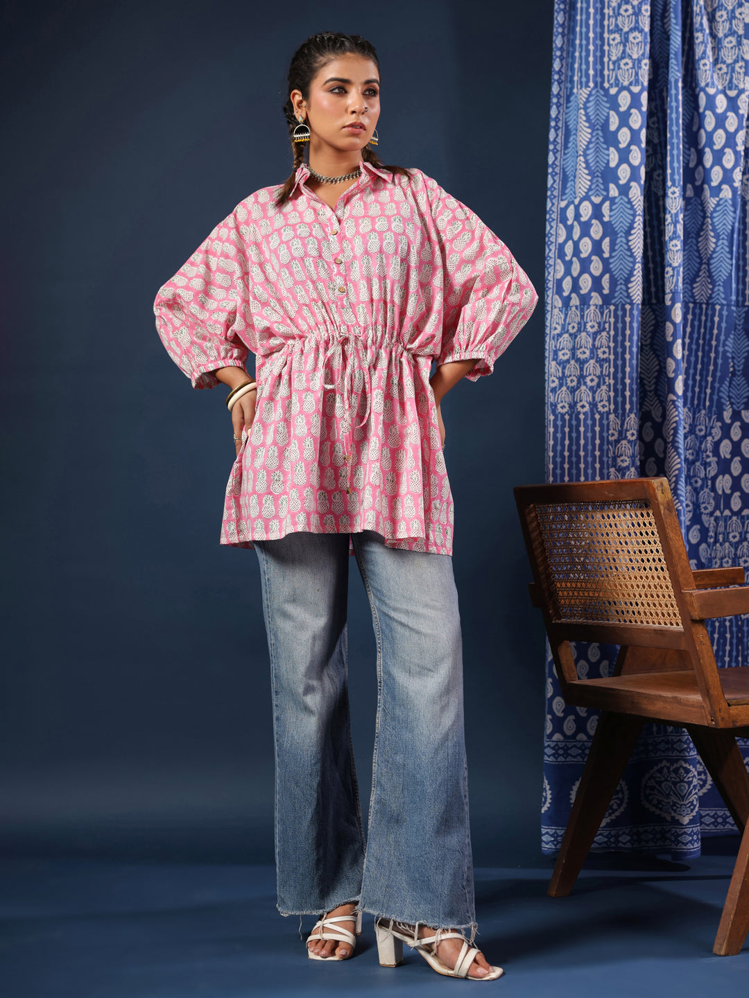Pink Pineapple Handblock Printed Shirt Style Kaftan Top