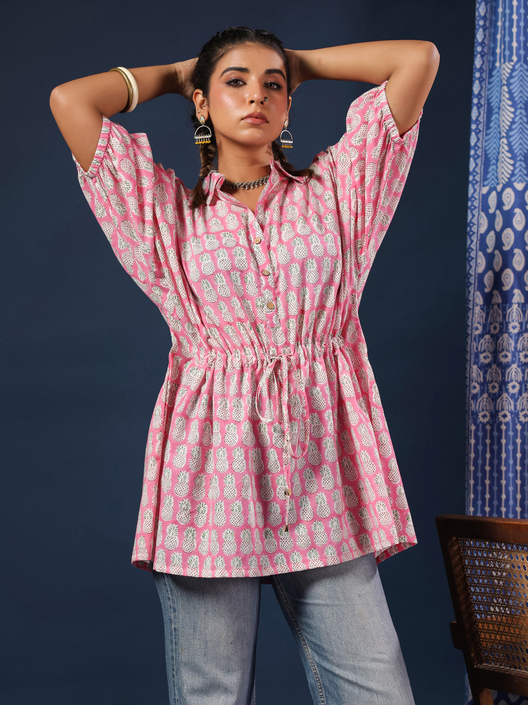 Pink Pineapple Handblock Printed Shirt Style Kaftan Top