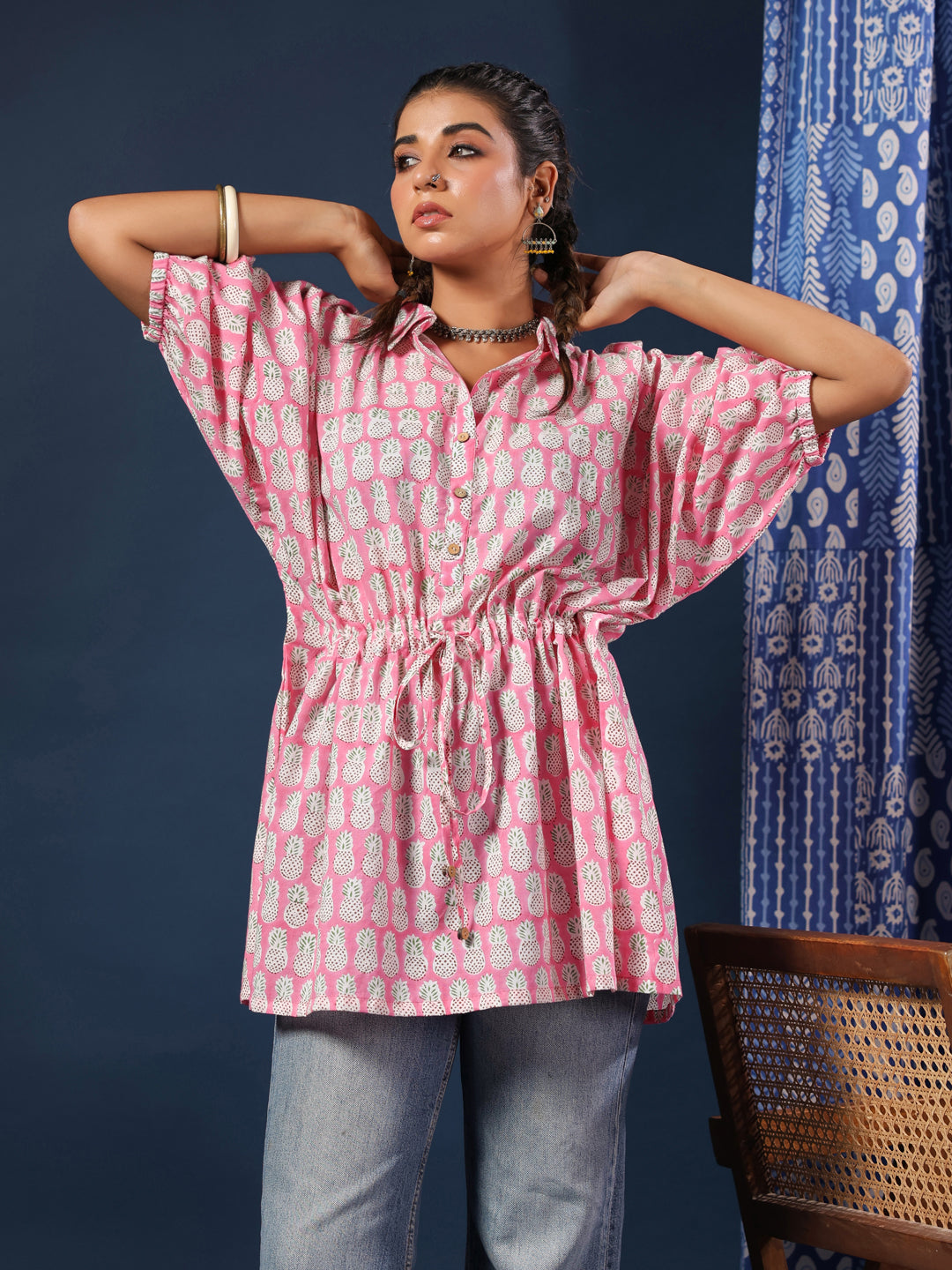 Pink Pineapple Handblock Printed Shirt Style Kaftan Top