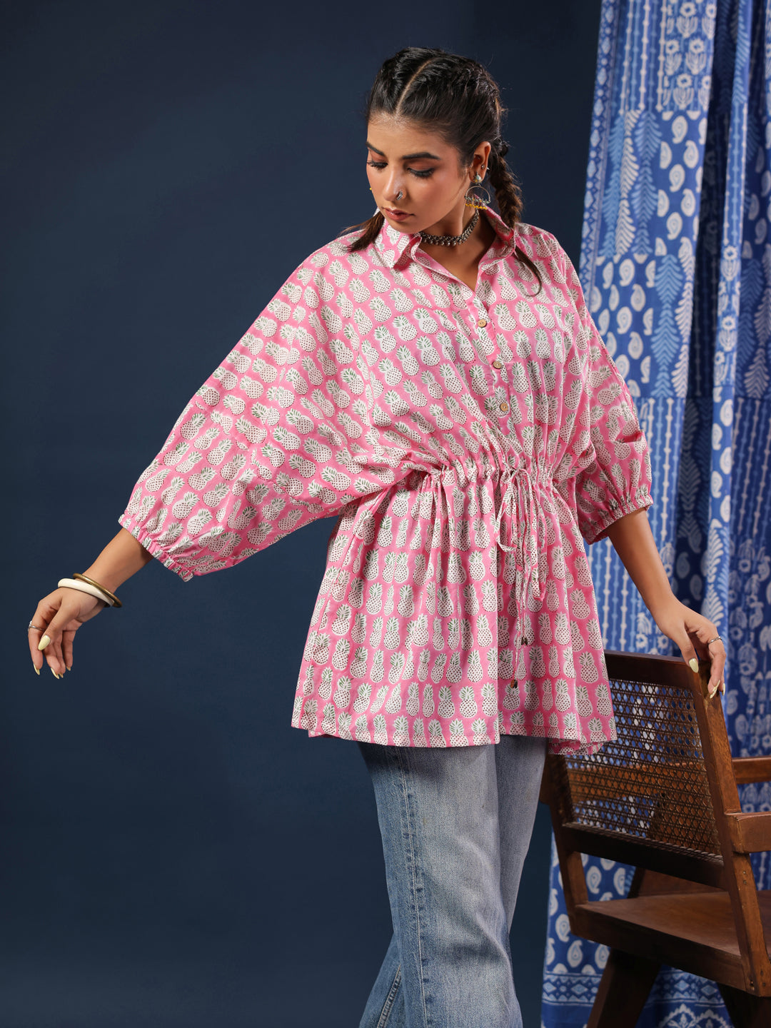 Pink Pineapple Handblock Printed Shirt Style Kaftan Top