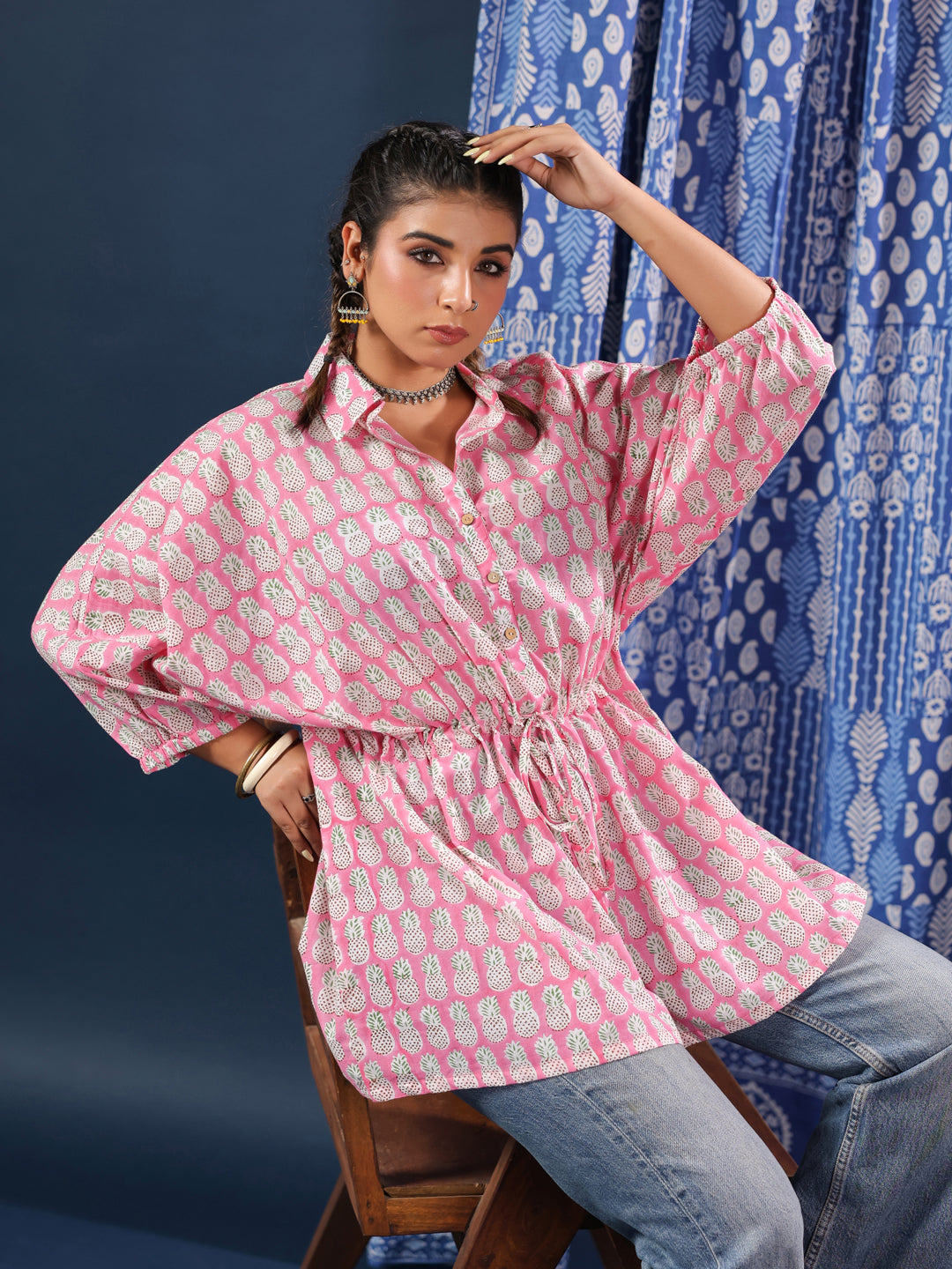Pink Pineapple Handblock Printed Shirt Style Kaftan Top