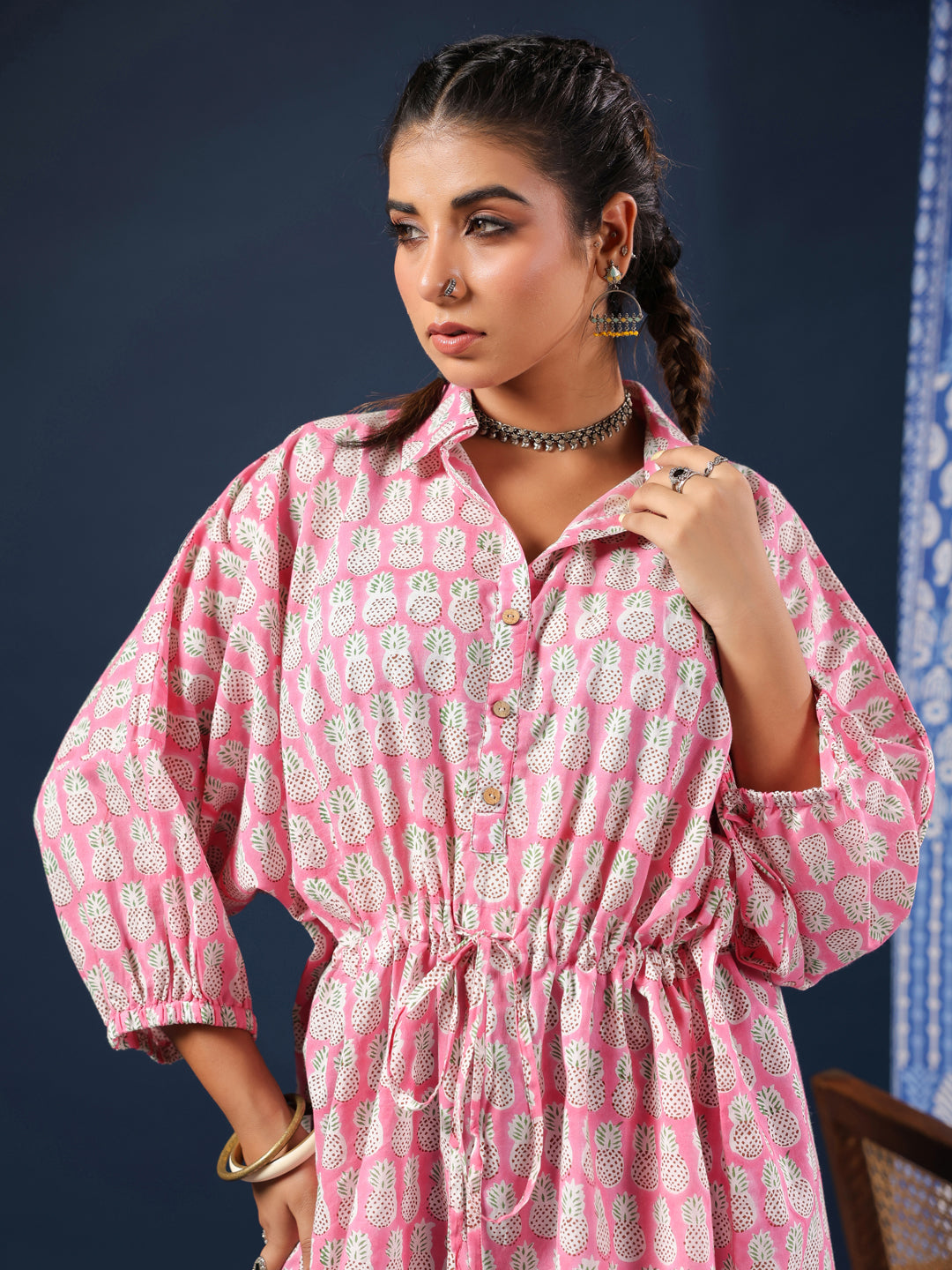 Pink Pineapple Handblock Printed Shirt Style Kaftan Top