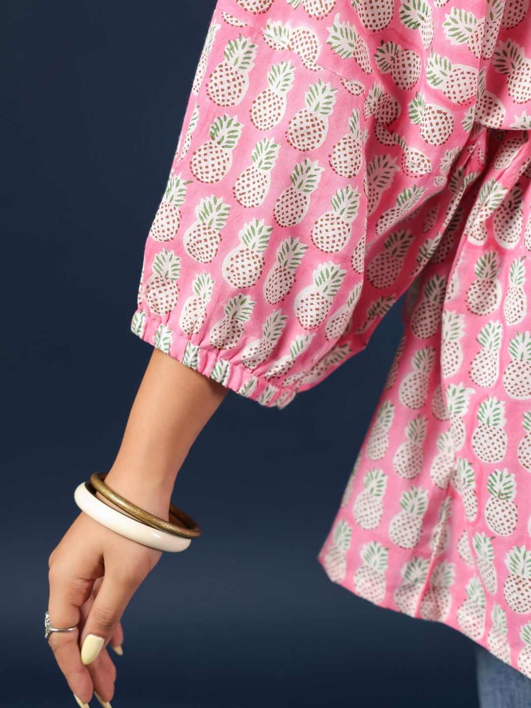 Pink Pineapple Handblock Printed Shirt Style Kaftan Top