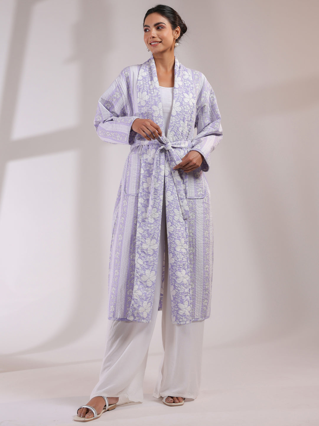 Lavender Boota Printed Light Quilted Reversible Cotton Robe