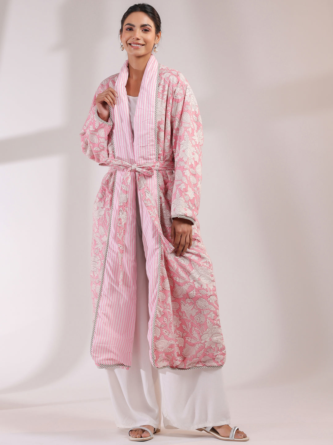 Pink Floral and Stripes Printed Reversible Quilted Robe