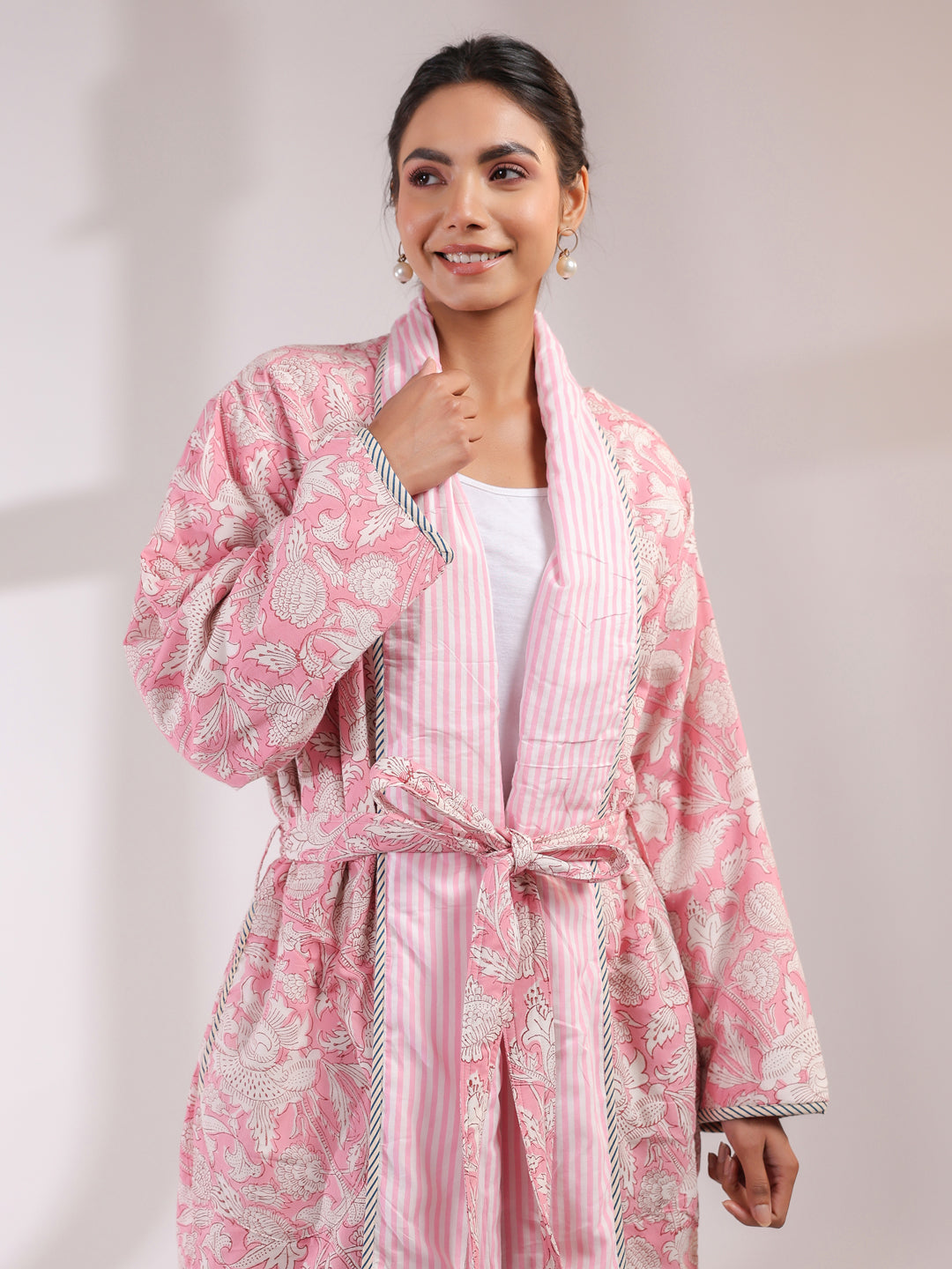 Pink Floral and Stripes Printed Reversible Quilted Robe