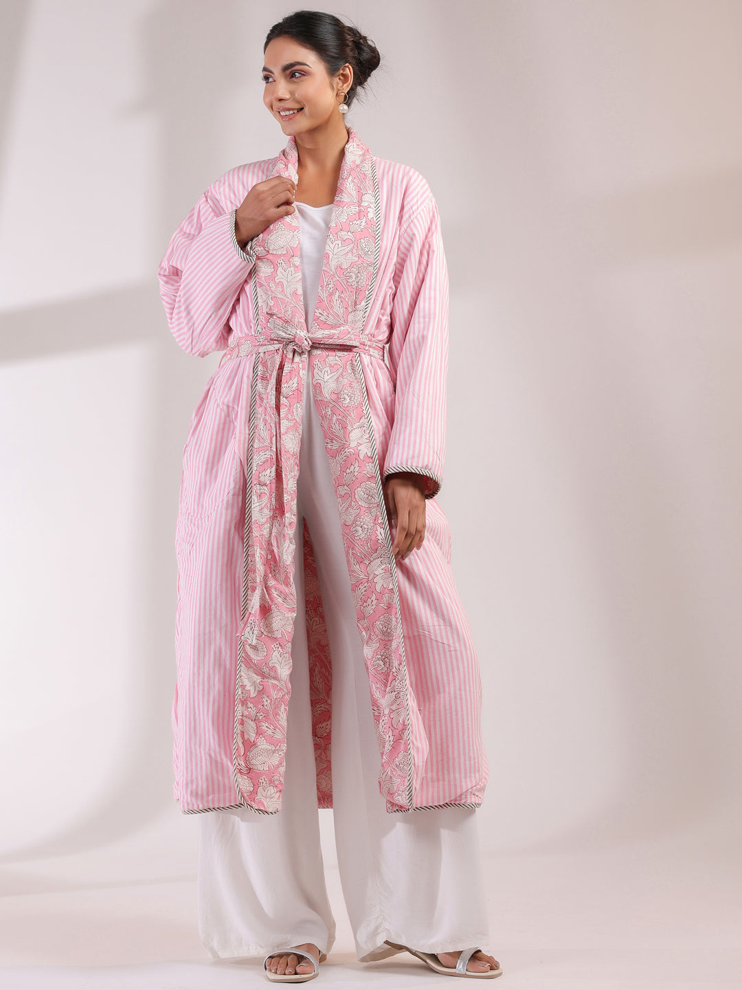 Pink Floral and Stripes Printed Reversible Quilted Robe