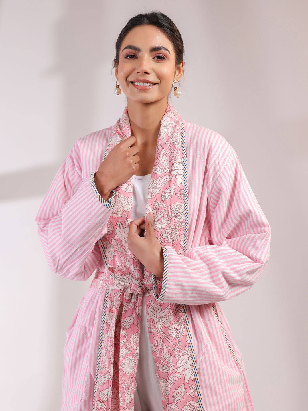 Pink Floral and Stripes Printed Reversible Quilted Robe