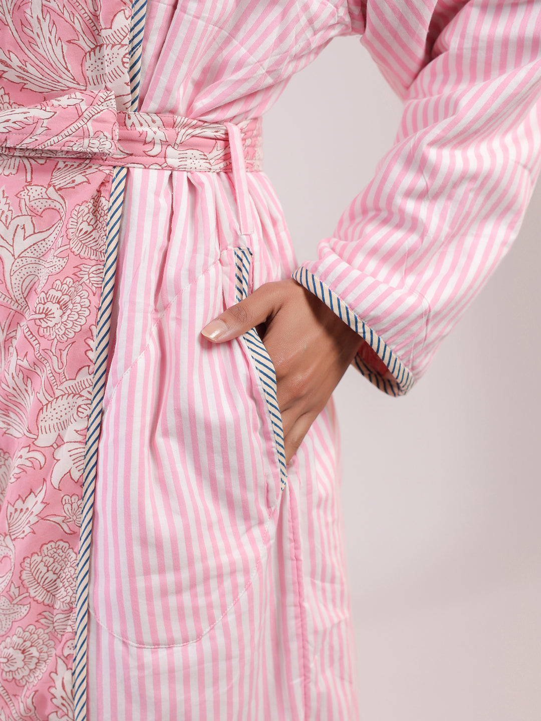 Pink Floral and Stripes Printed Reversible Quilted Robe
