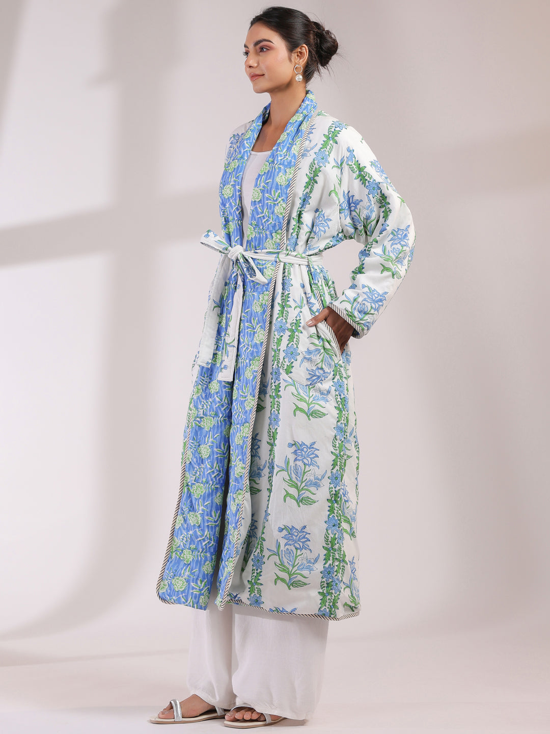 White & Blue Boota Printed Reversible Quilted Robes