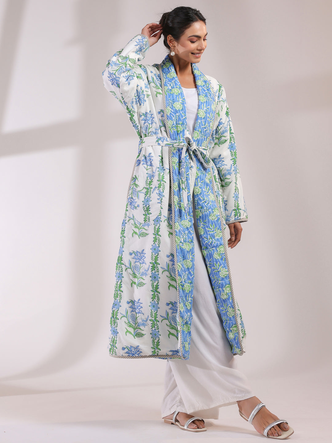 White & Blue Boota Printed Reversible Quilted Robes