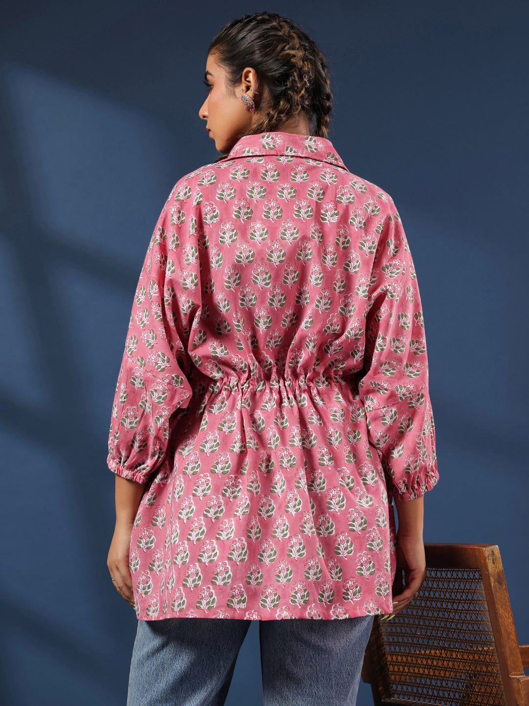 Pink Booti Handblock Printed Shirt Style Kaftan Top
