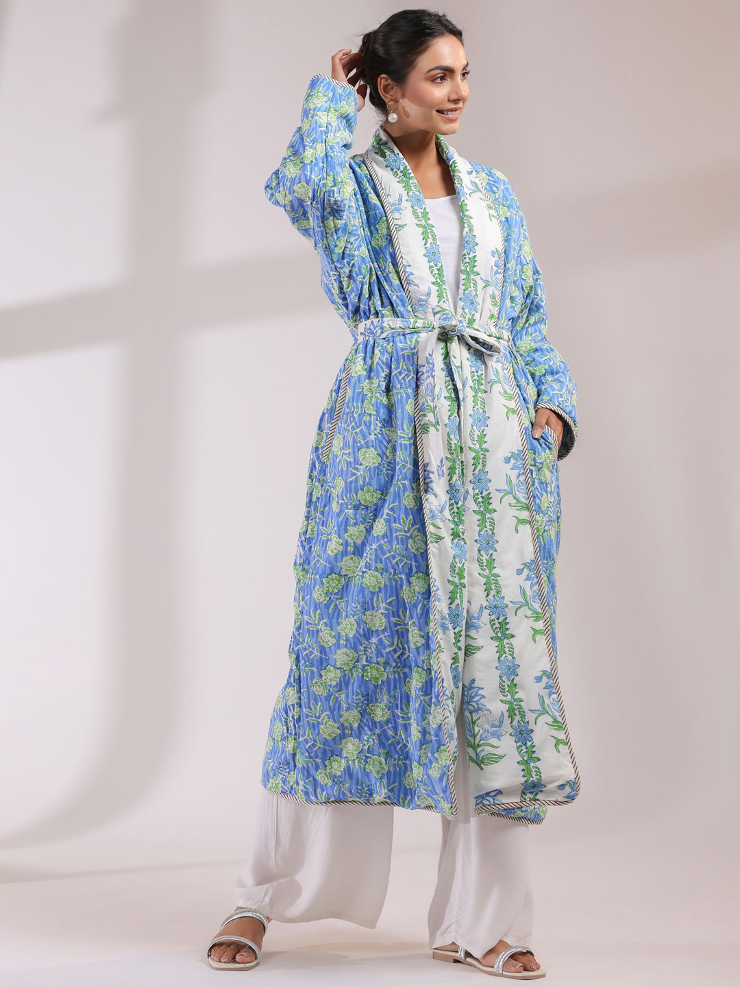 White & Blue Boota Printed Reversible Quilted Robes