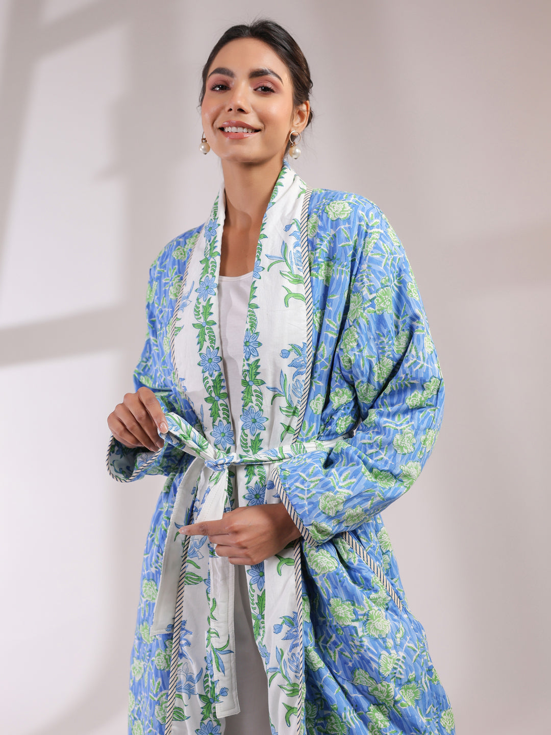 White & Blue Boota Printed Reversible Quilted Robes