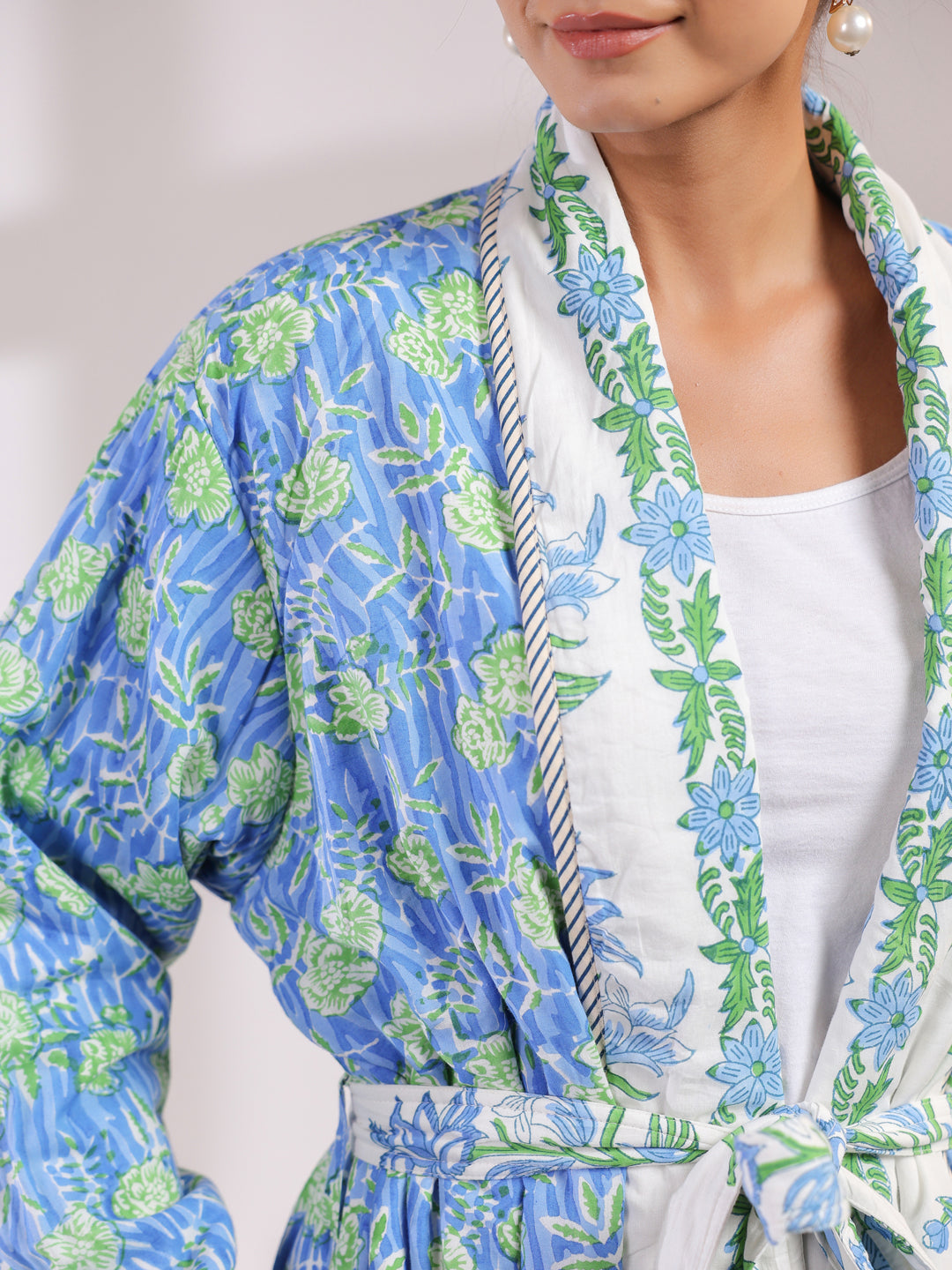White & Blue Boota Printed Reversible Quilted Robes