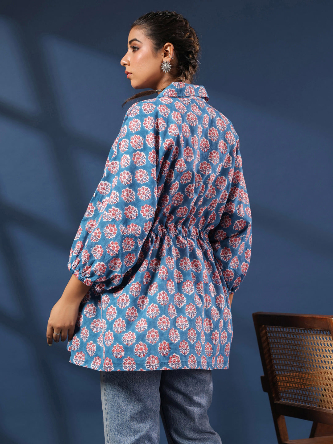 Teal Handblock Printed Shirt Style Kaftan Top