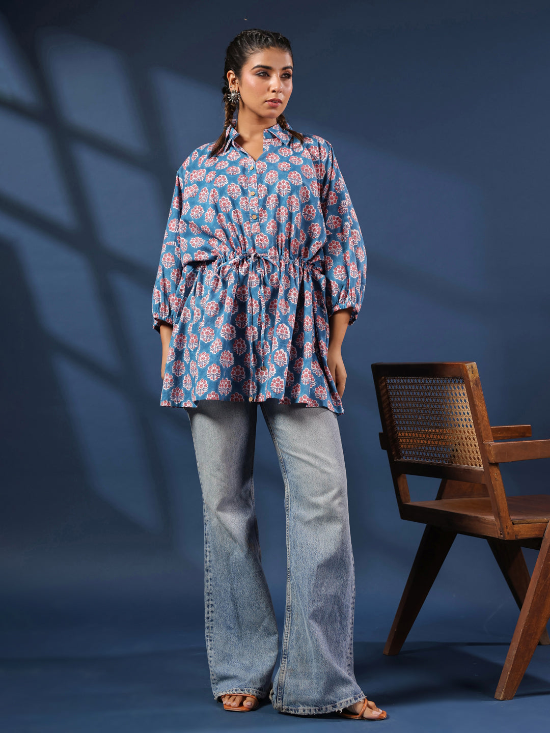 Teal Handblock Printed Shirt Style Kaftan Top