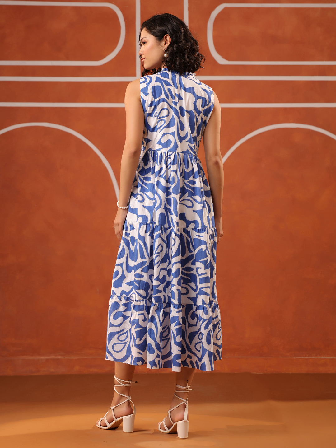 Sleeveless Blue & White Printed Cotton Dress