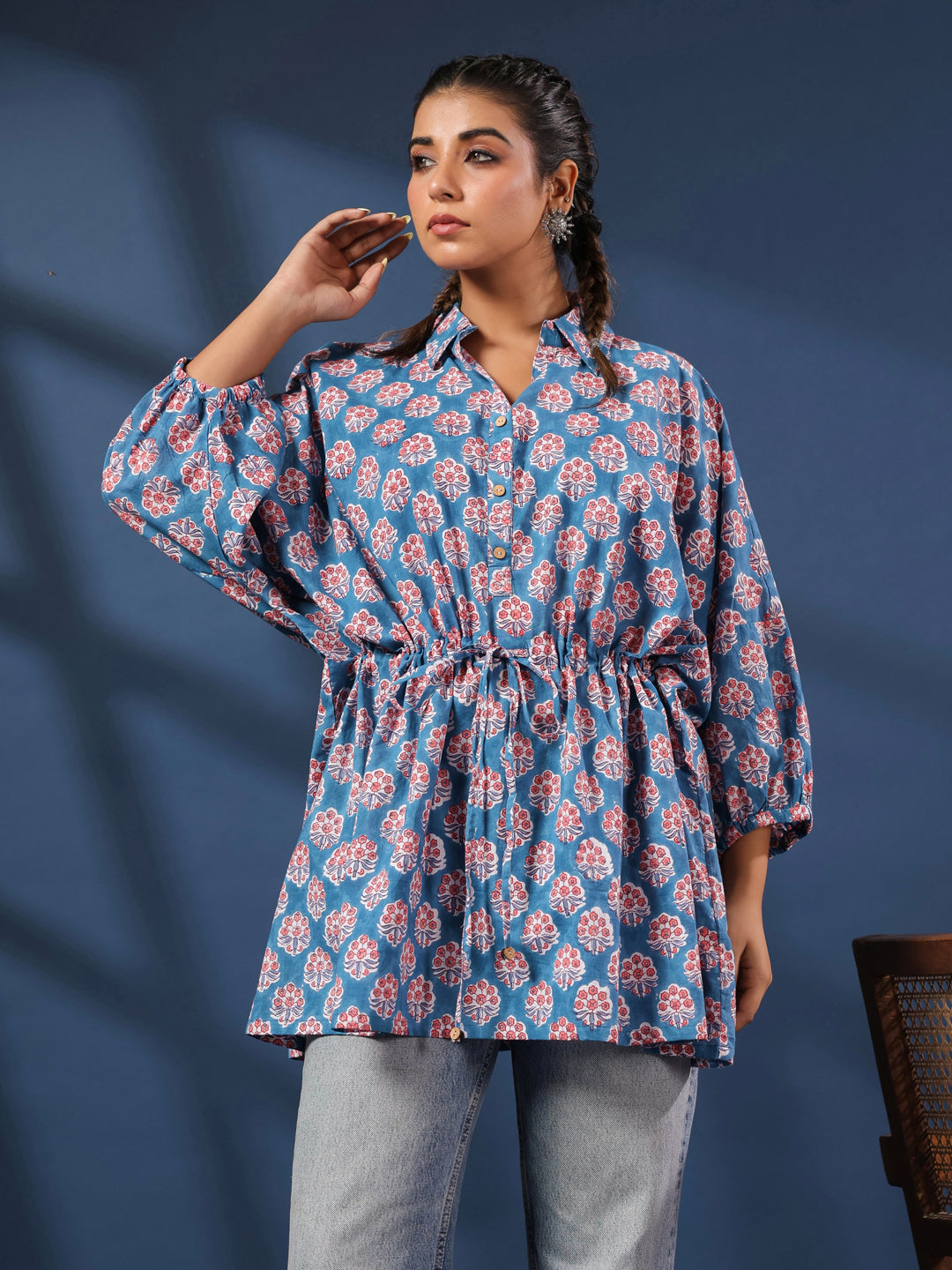 Teal Handblock Printed Shirt Style Kaftan Top