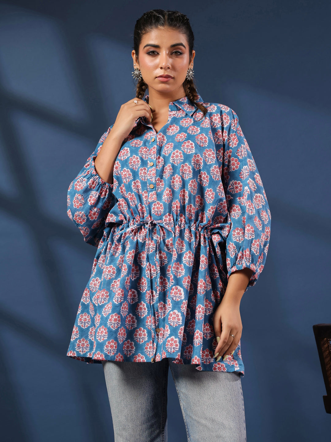 Teal Handblock Printed Shirt Style Kaftan Top