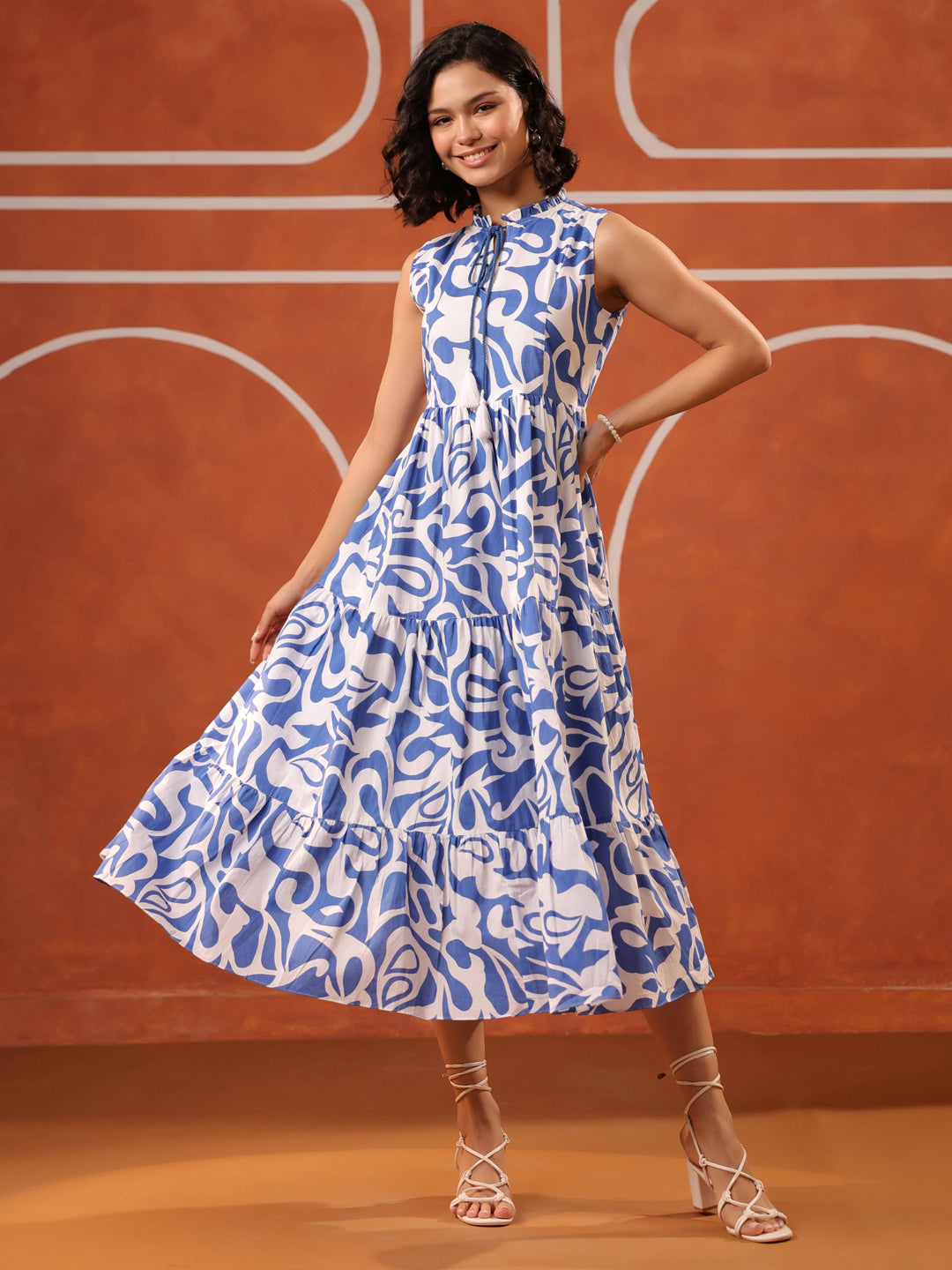 Sleeveless Blue & White Printed Cotton Dress