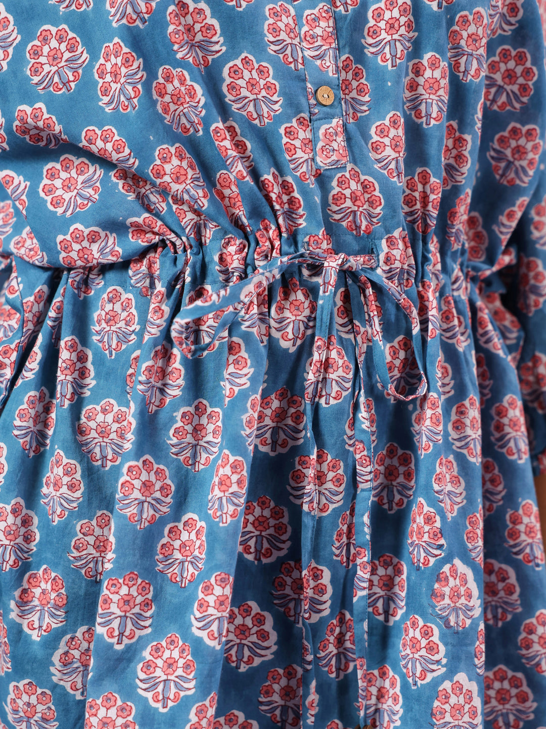 Teal Handblock Printed Shirt Style Kaftan Top