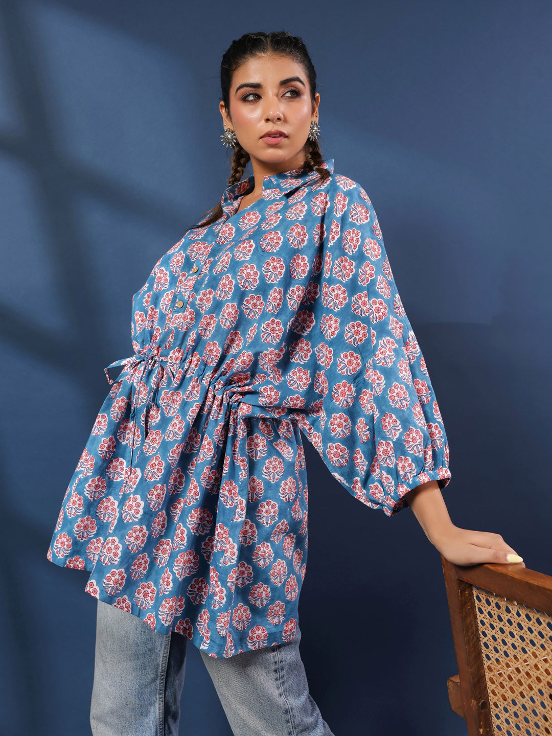 Teal Handblock Printed Shirt Style Kaftan Top
