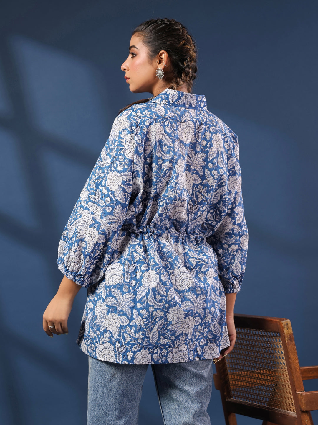 Blue Floral Handblock Printed Shirt Style Kaftan Top