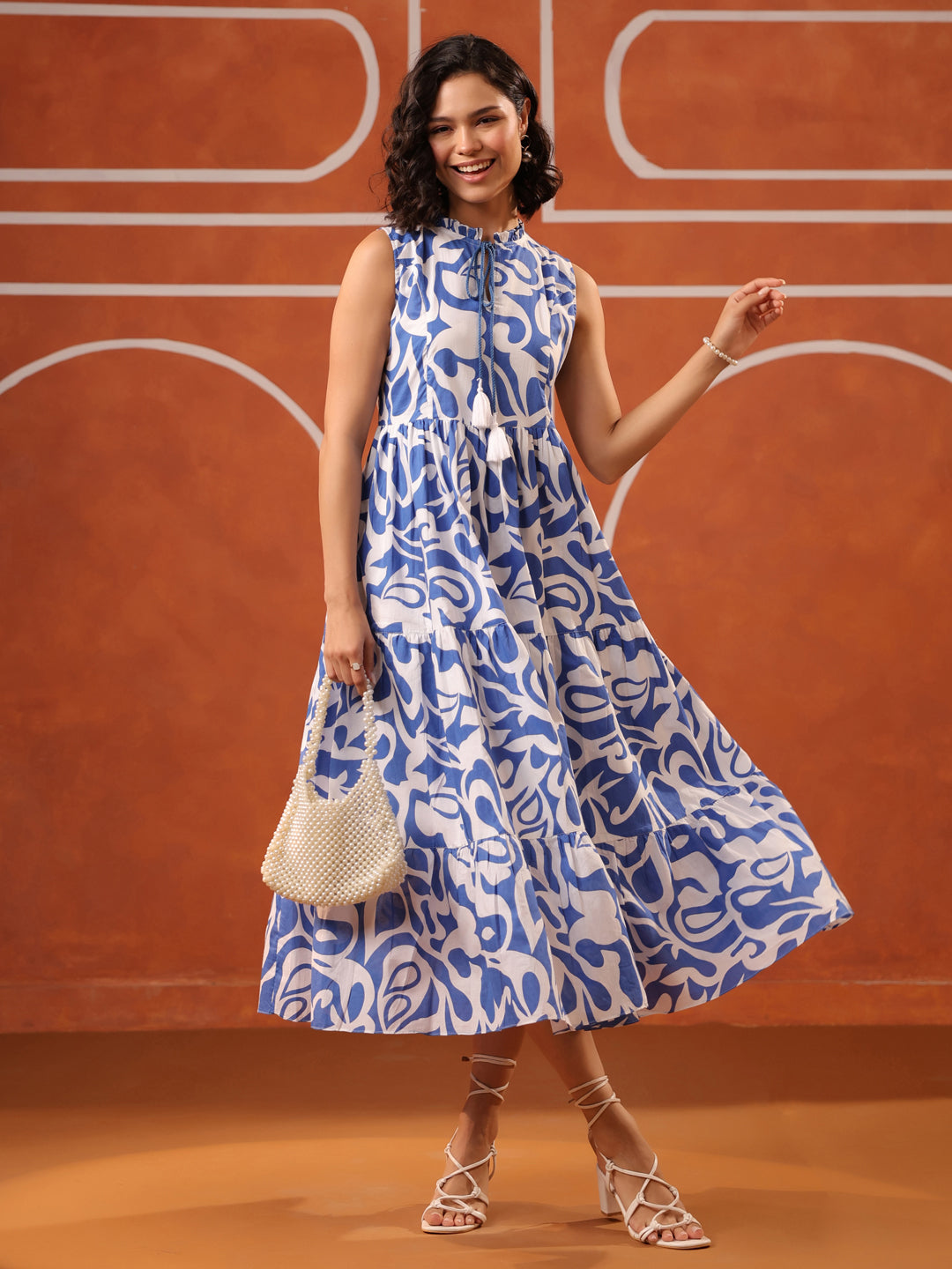 Sleeveless Blue & White Printed Cotton Dress