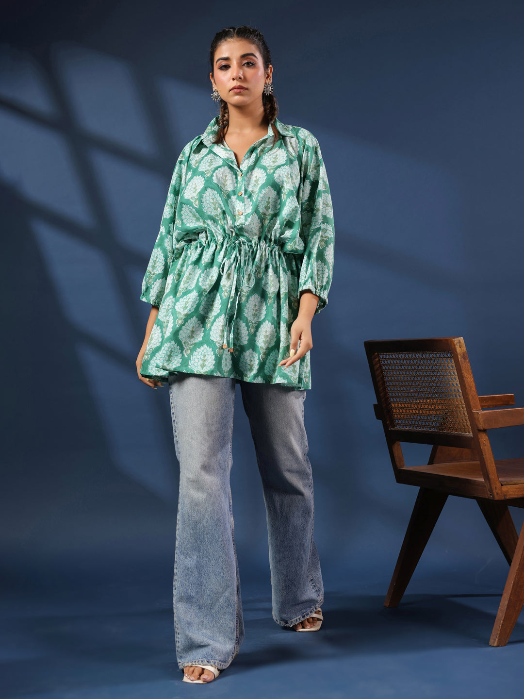 Green Handblock Printed Shirt Style Kaftan Top