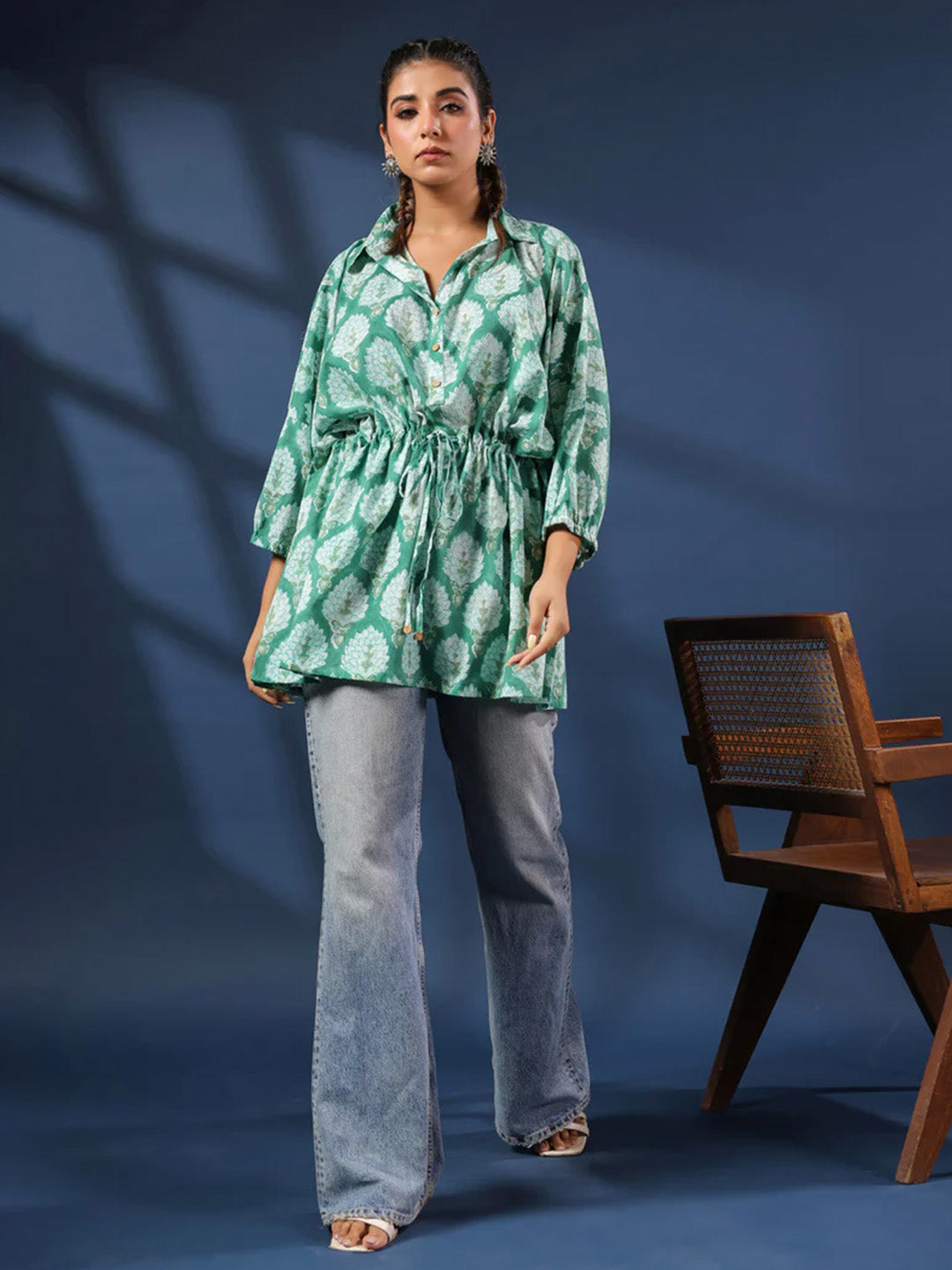 Green Handblock Printed Shirt Style Kaftan Top