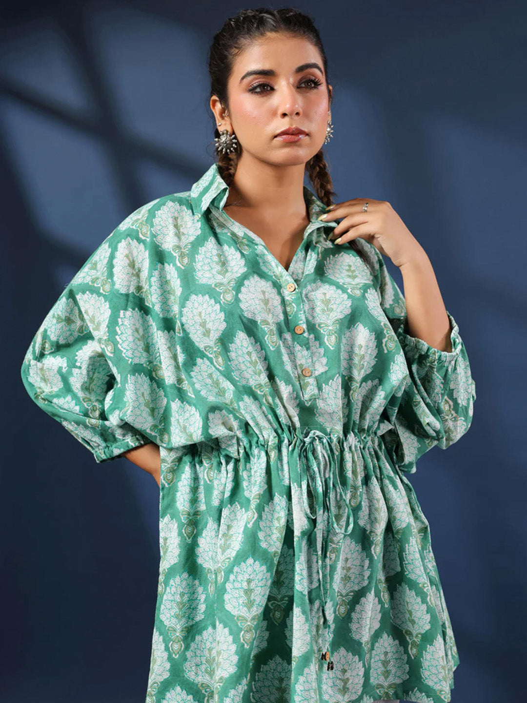 Green Handblock Printed Shirt Style Kaftan Top
