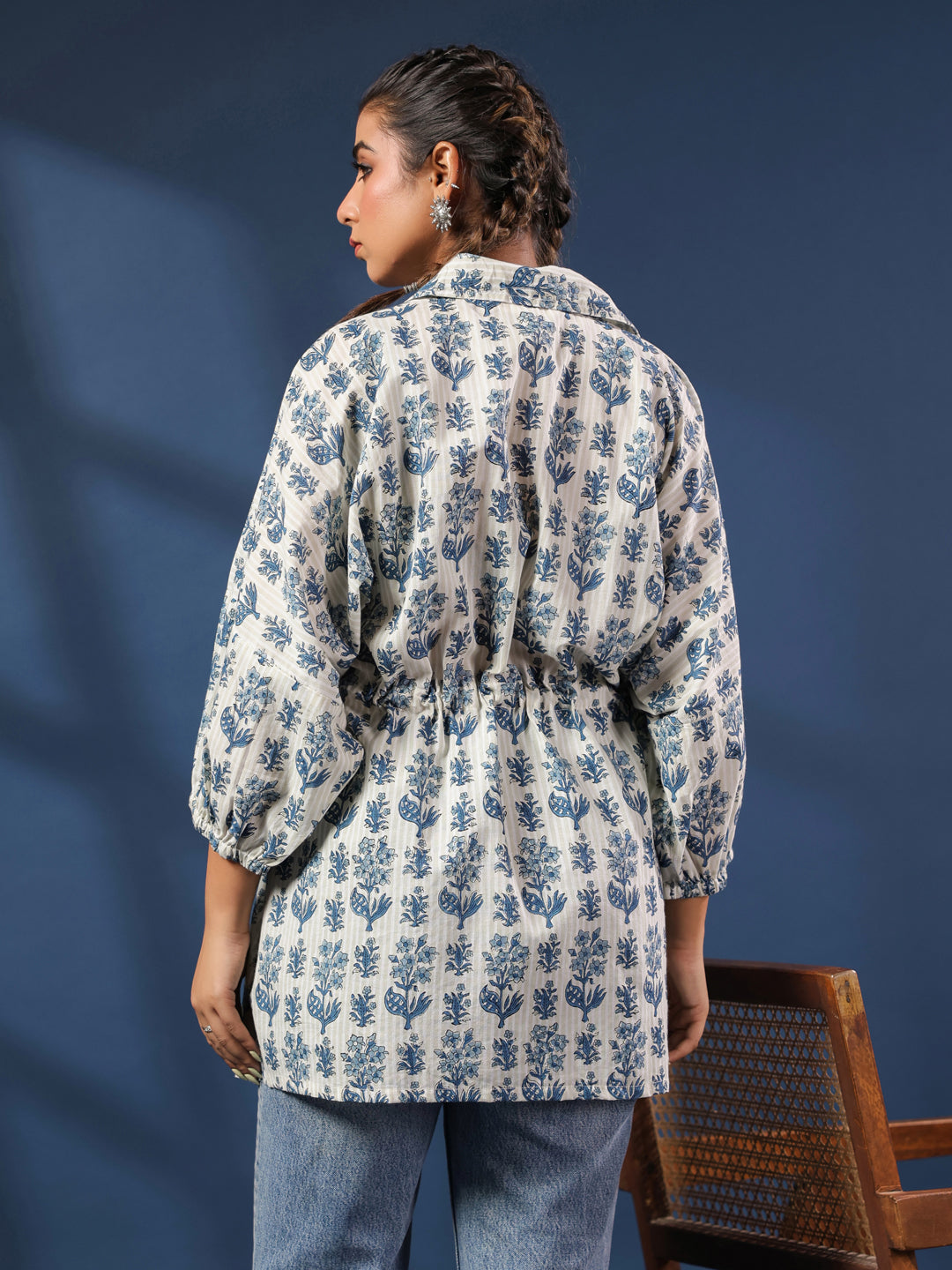 Blue & Grey Handblock Printed Shirt Style Kaftan Top