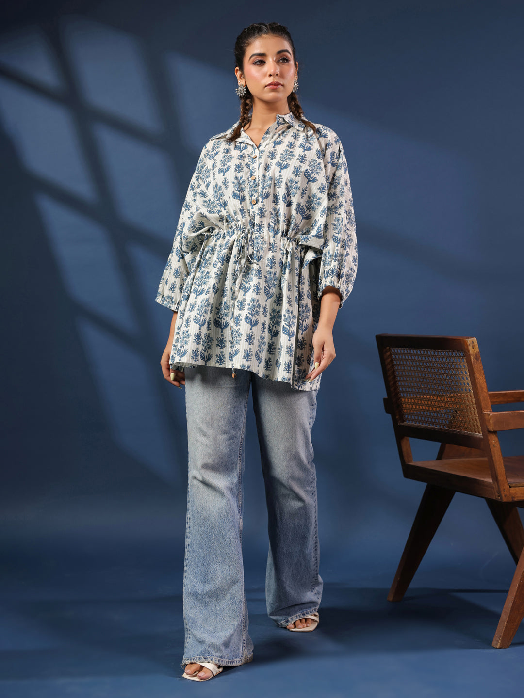 Blue & Grey Handblock Printed Shirt Style Kaftan Top