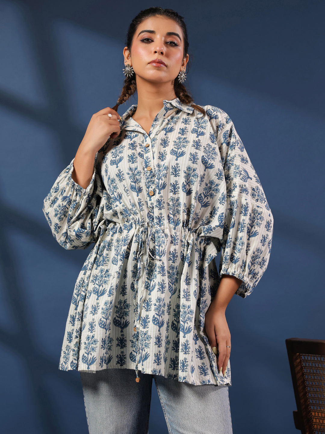 Blue & Grey Handblock Printed Shirt Style Kaftan Top