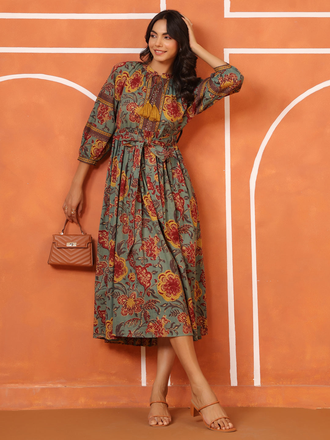 Vintage Floral Tie-Waist Cotton Dress