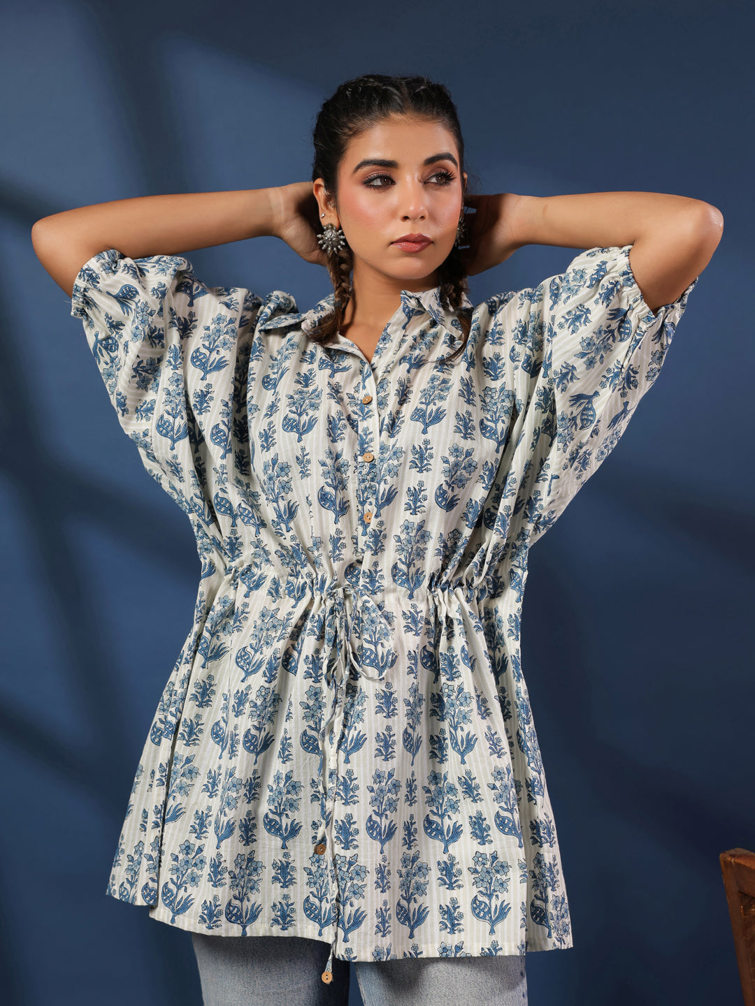 Blue & Grey Handblock Printed Shirt Style Kaftan Top