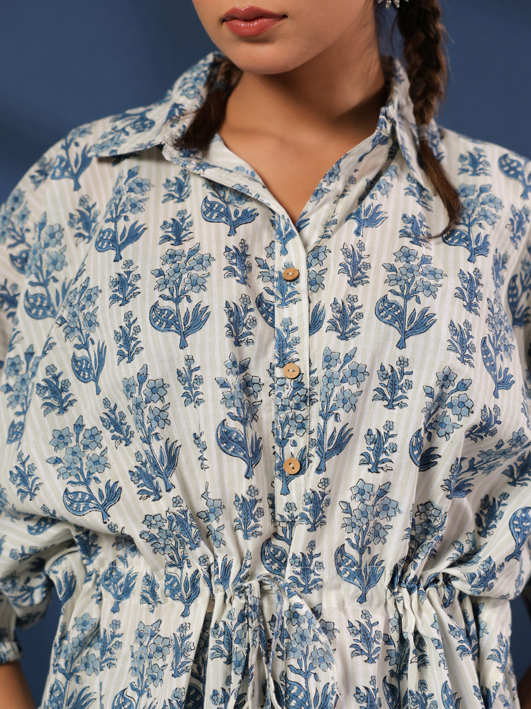 Blue & Grey Handblock Printed Shirt Style Kaftan Top