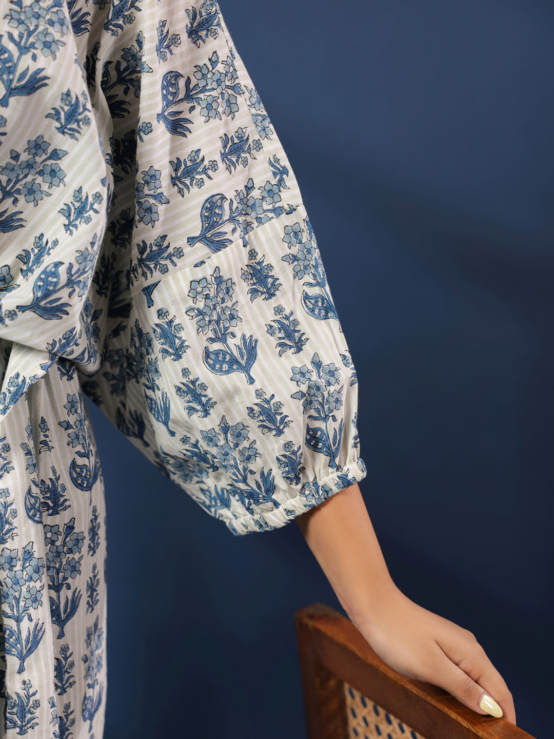 Blue & Grey Handblock Printed Shirt Style Kaftan Top