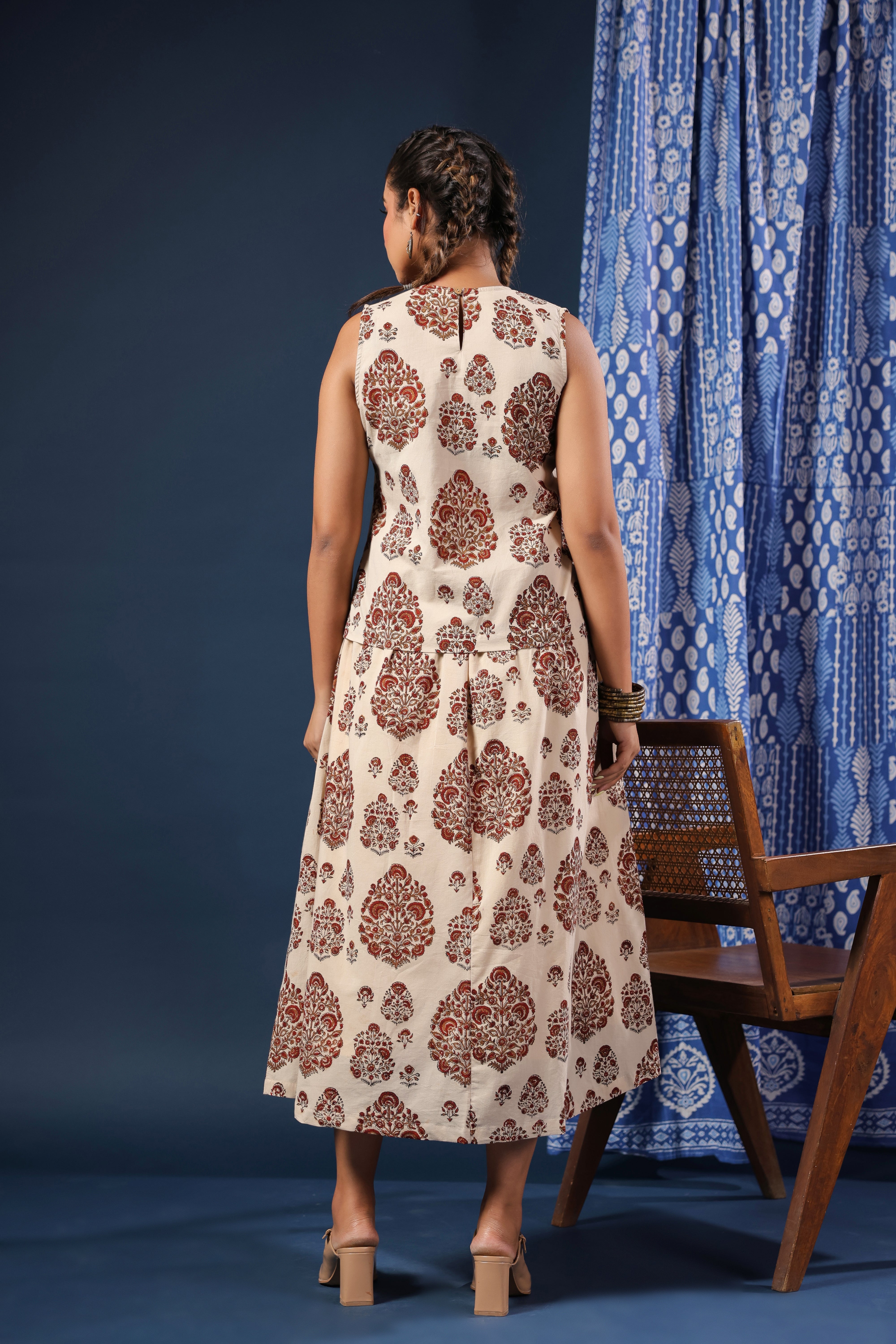 Bagru Cotton Printed Pintucks Top with Skirt