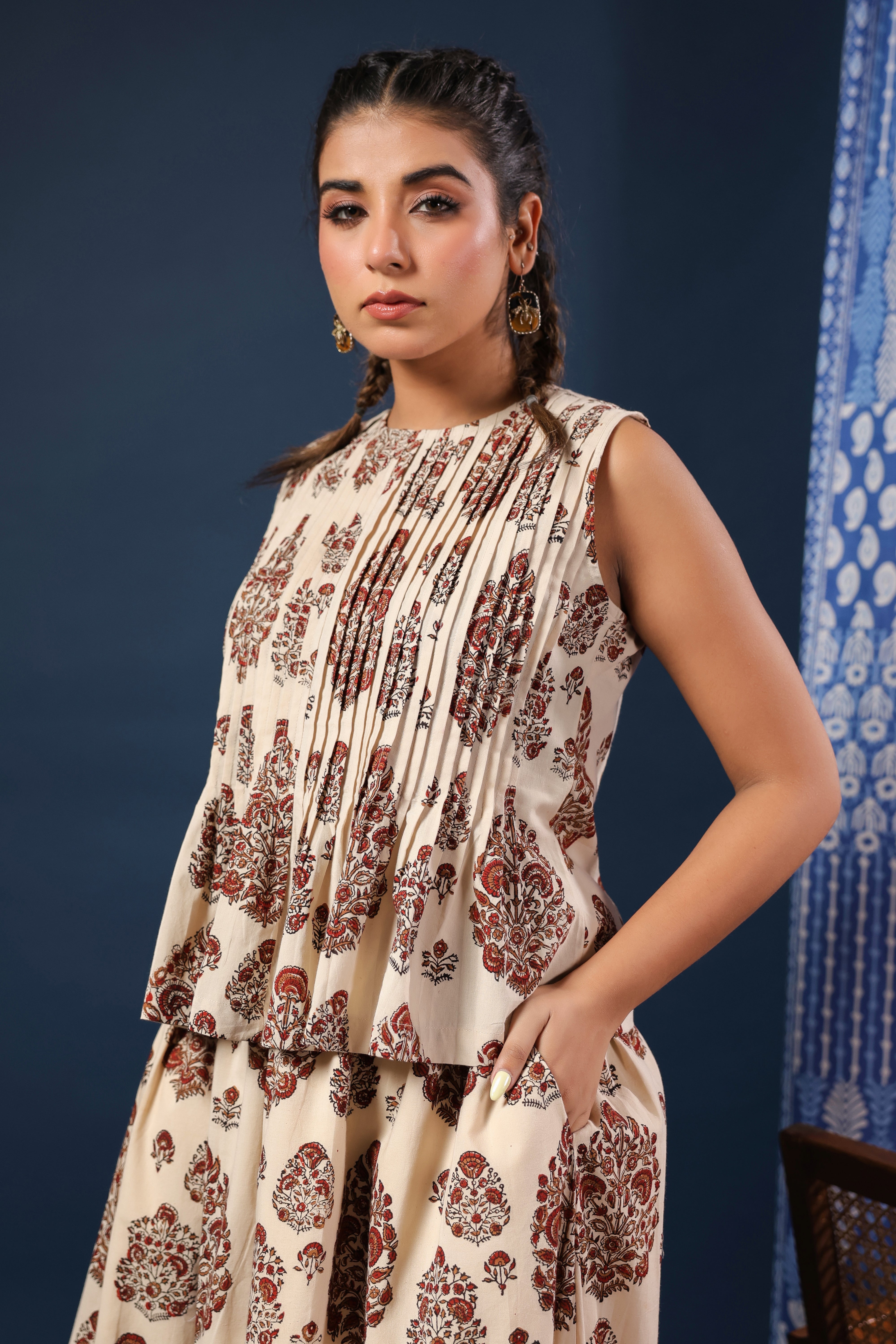 Bagru Cotton Printed Pintucks Top with Skirt