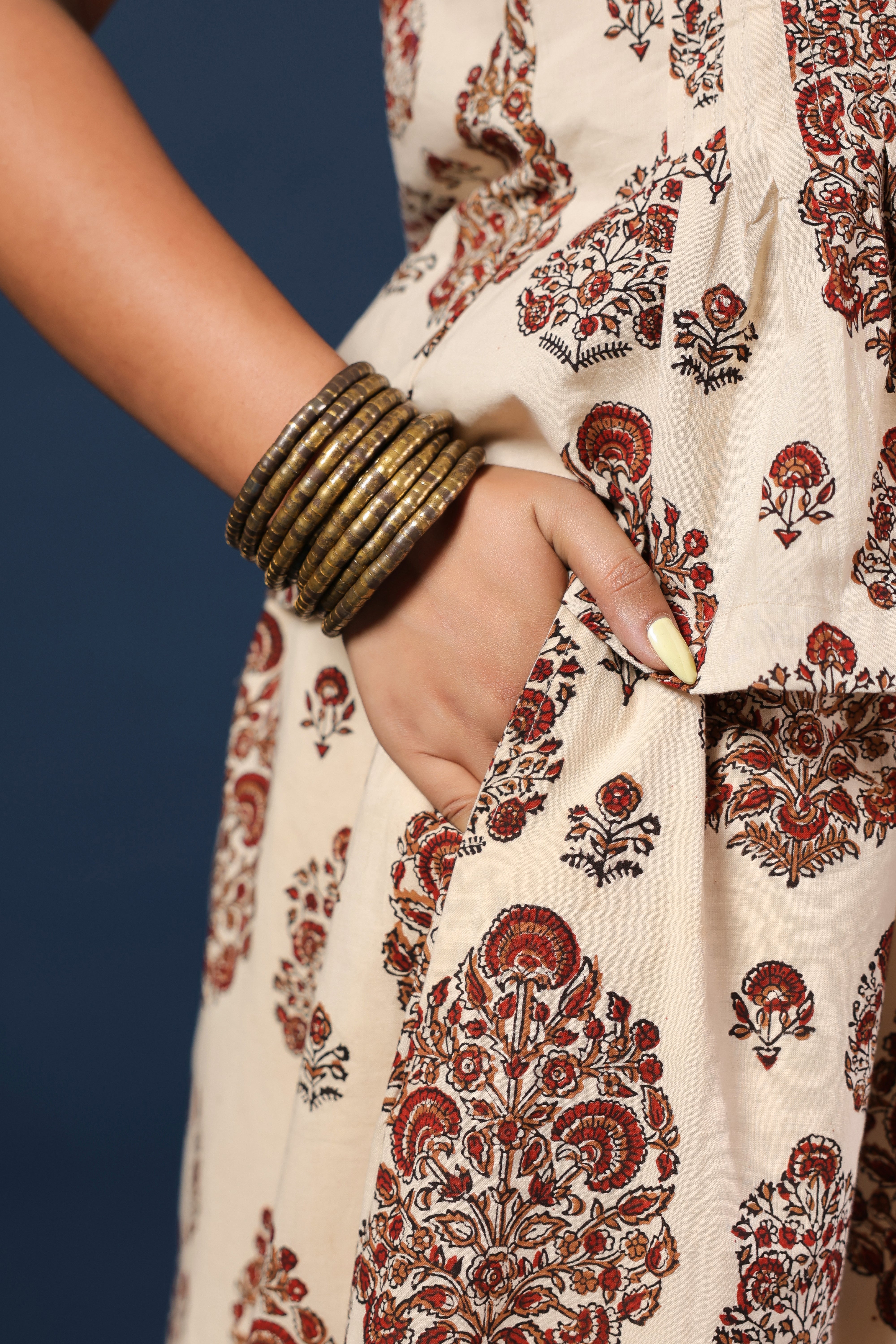 Bagru Cotton Printed Pintucks Top with Skirt