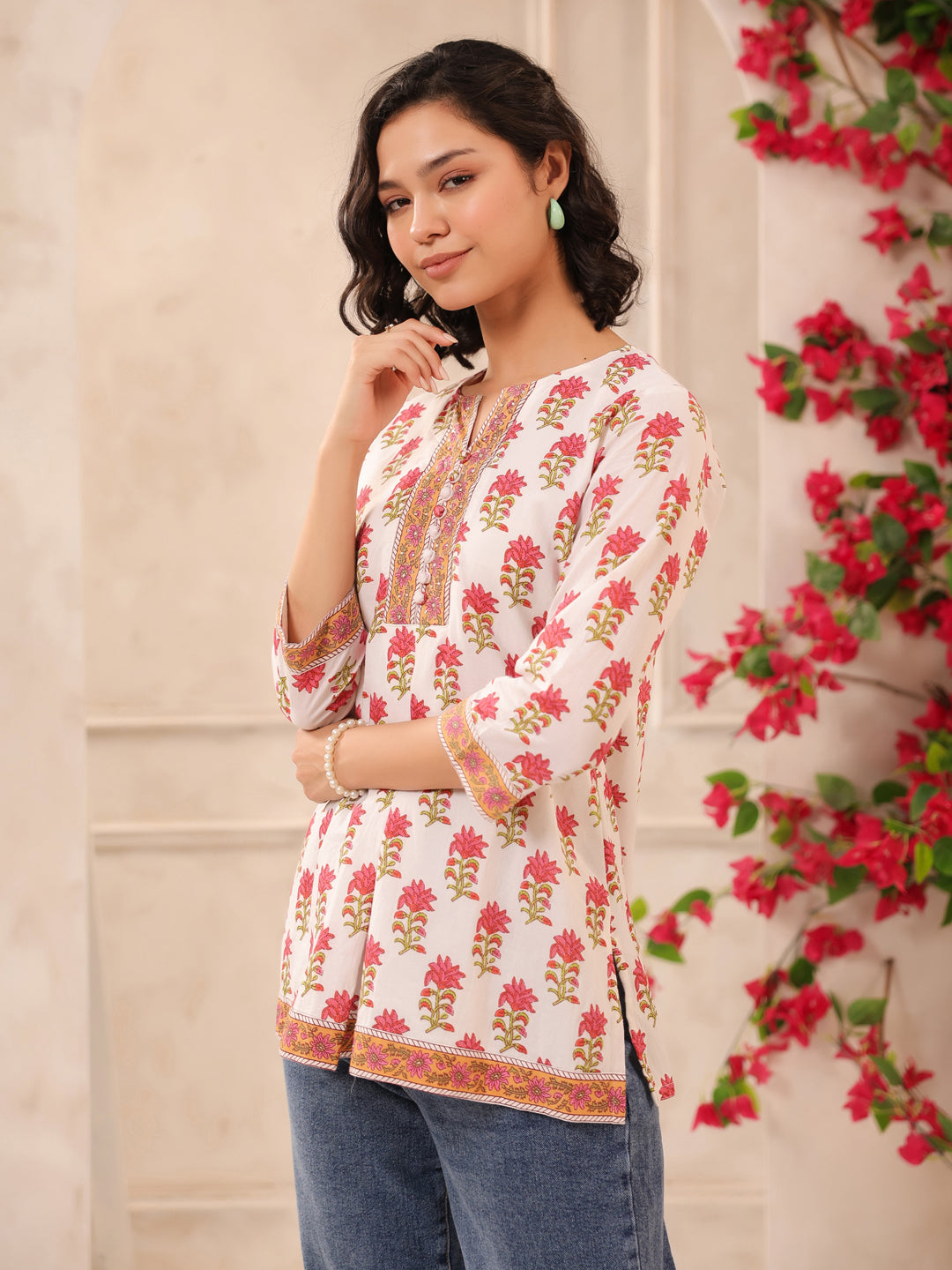 White Printed Cotton Top with Lining