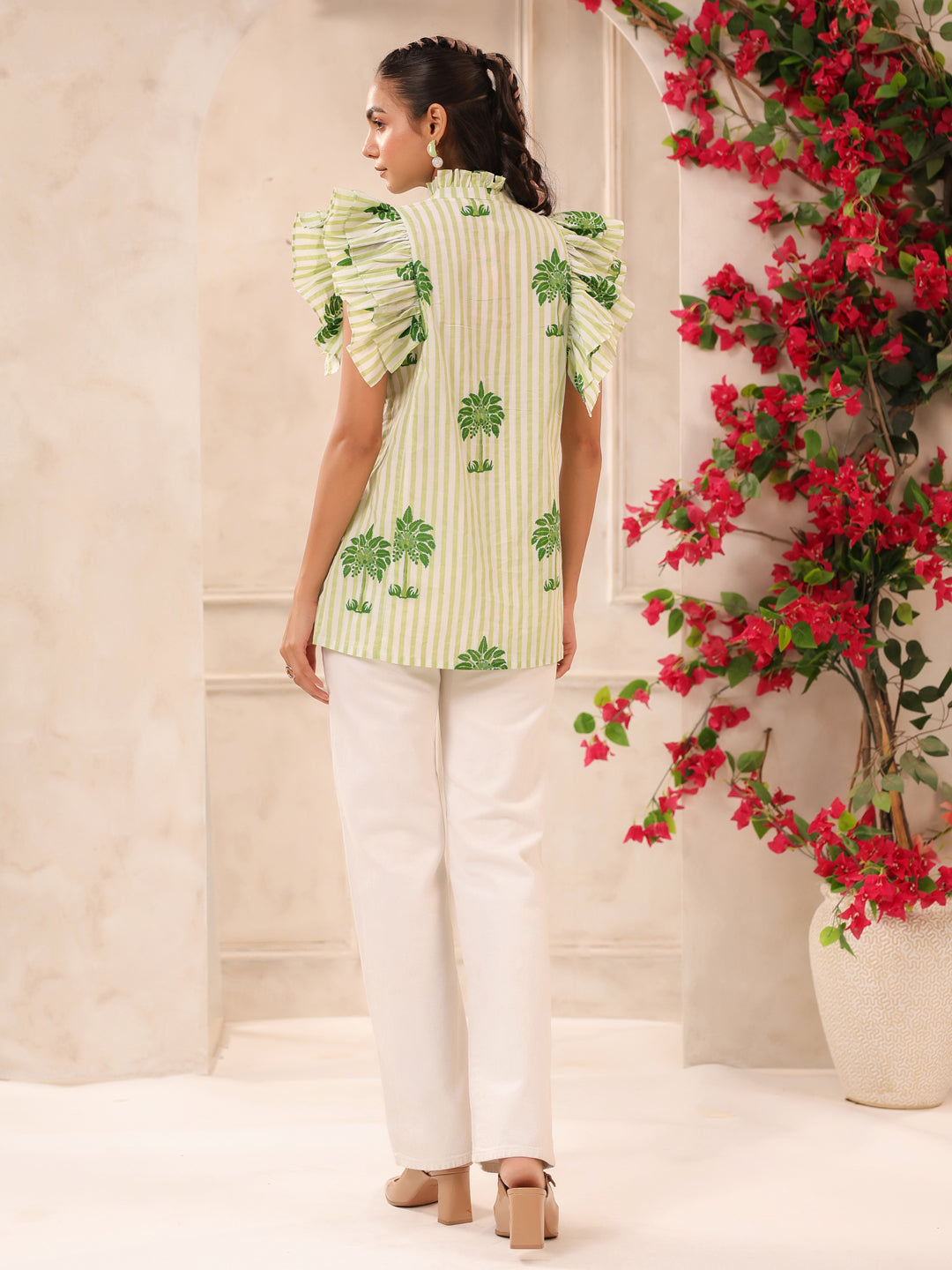 Green Palm Printed Pintucks Cotton Top