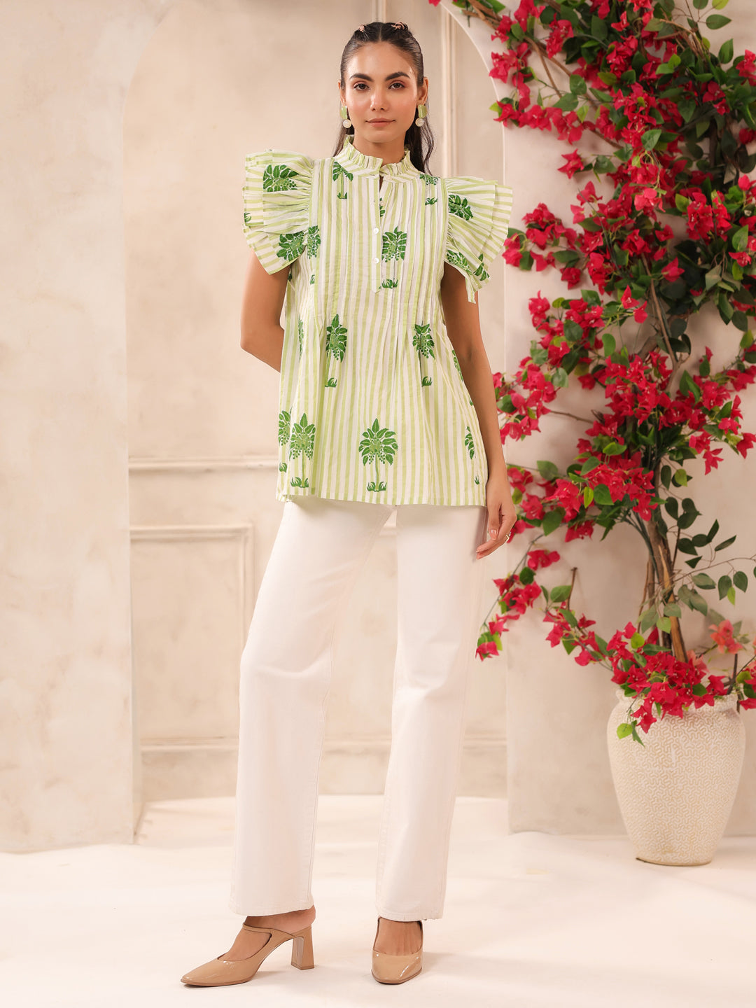 Green Palm Printed Pintucks Cotton Top
