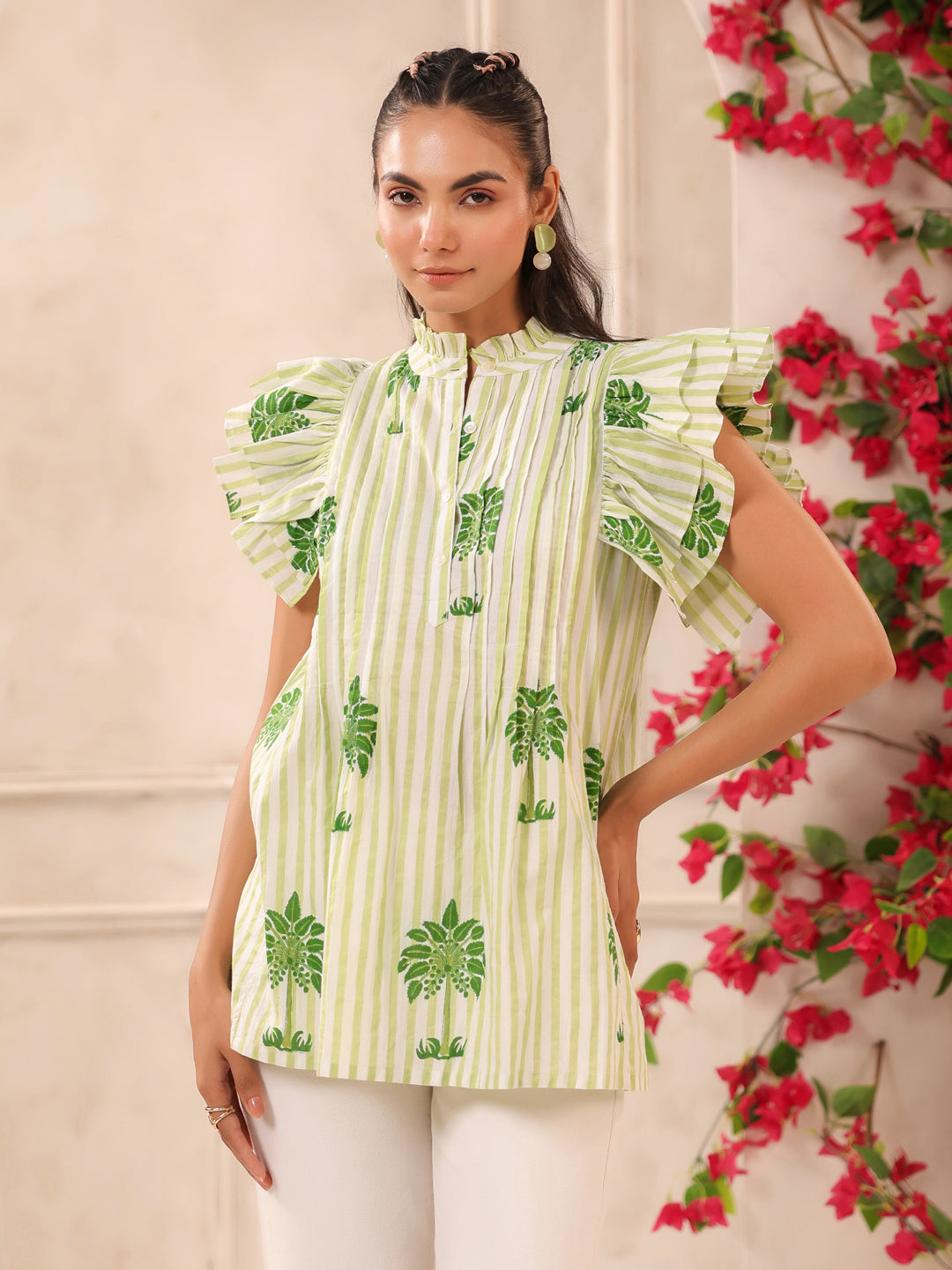 Green Palm Printed Pintucks Cotton Top