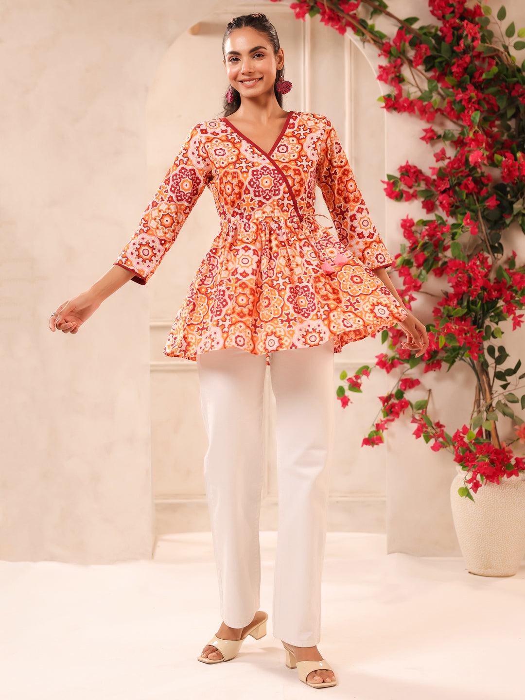 Orange Lurex Printed Cotton Wrap Top