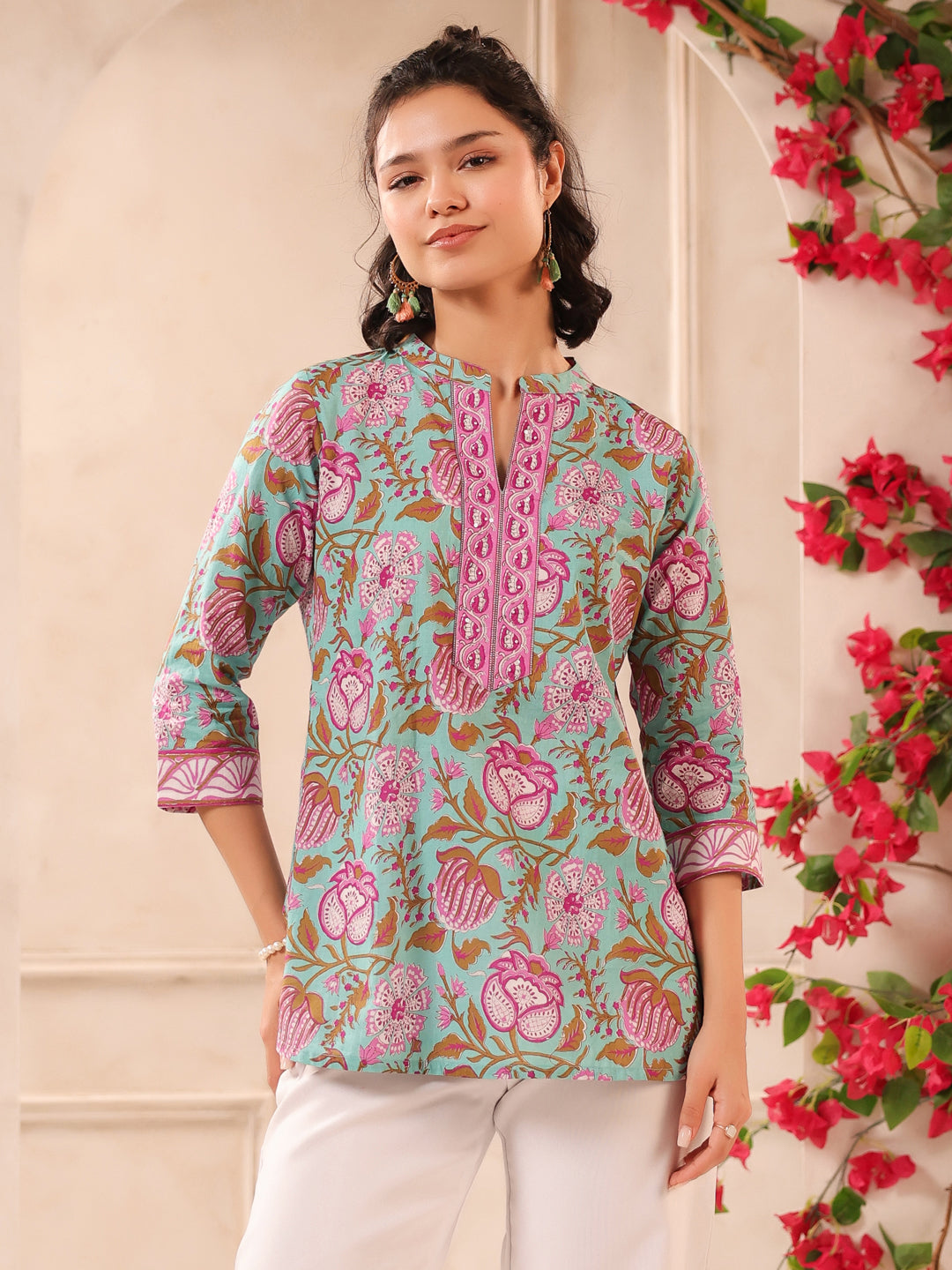 Turquoise Floral Printed Cotton Top